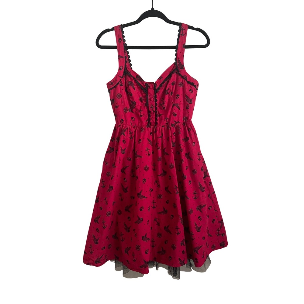 Babydoll Pinup Red Nautical Skull Bird Pint Rockabilly Dress Pockets Medium Edgy